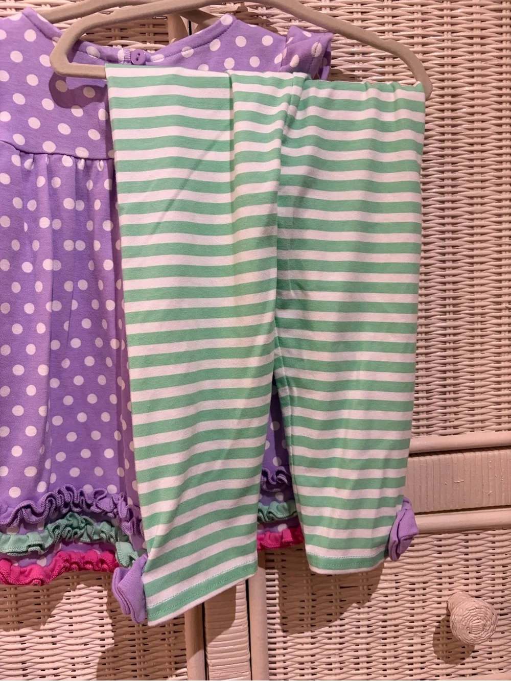 Toddler Girls Lavender, Green, Pink Polka Dot Floral Appliqué Dress Set 3T NWOT